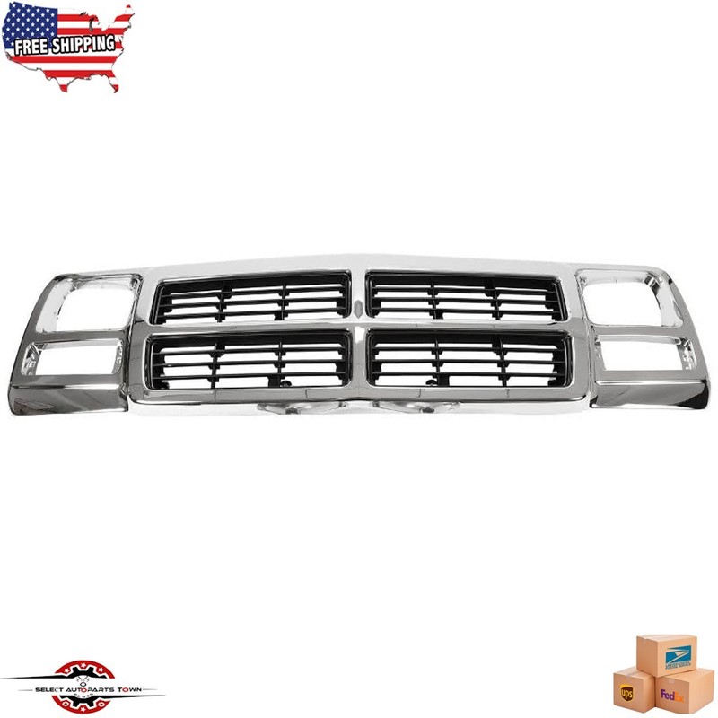 For 1991-1993 Dodge D150 D250 D350 Front Chrome Grille Shell & Grille Insert 5PC