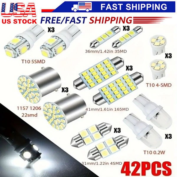 42PCS Car Interior Combo LED Map Dome Door Trunk License Plate Light Bulbs White