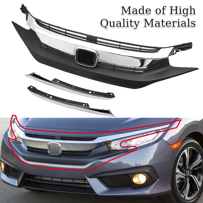 Front Upper Grille 3p With Molding Chrome For 2016 2017 2018 Honda Civic Sedan gallery
