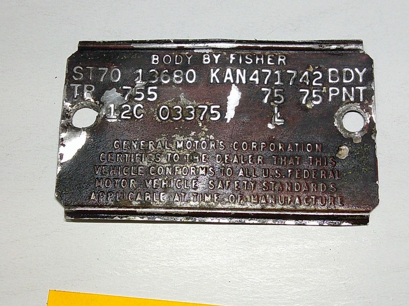 1970 SS CHEVROLET EL CAMINO -OEM Body By Fisher Trim Plate Trim Code Tag Plate
