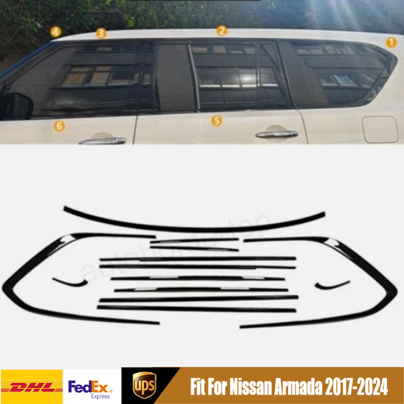 13pcs For Nissan Armada 2018-2024 Gloss Black Window Molding Trim Frame Strips