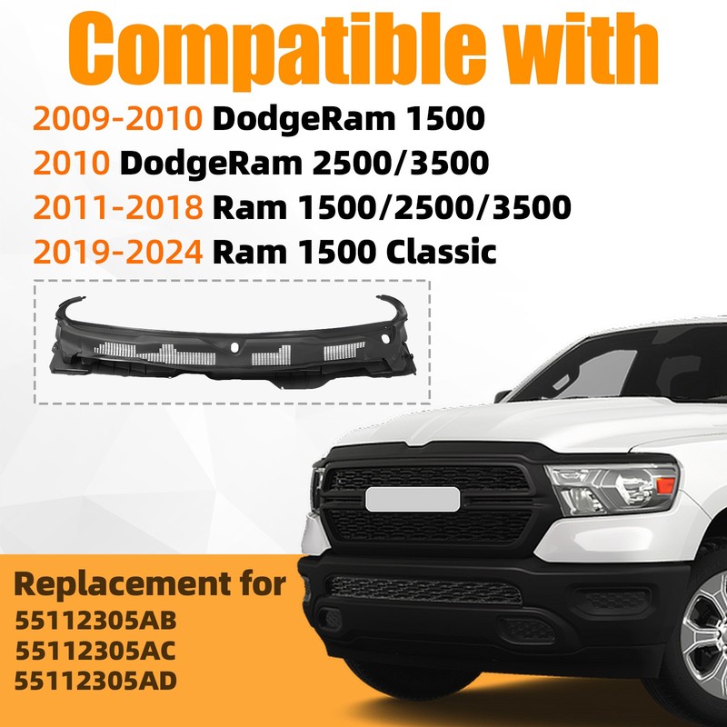 Front Grille Wiper Cowl Windshield Panel For 2009-2024 Dodge Ram 1500 2500 3500 gallery