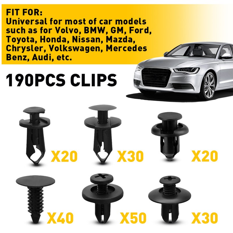 190 Car Clips for Hole Plastic Rivets Retainer Bumper Fasteners Fender Push Pin