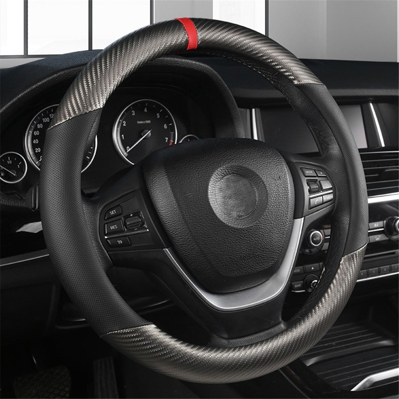 For BMW Car Steering Wheel Cover Carbon Look Black Leather Non-Slip Accessories