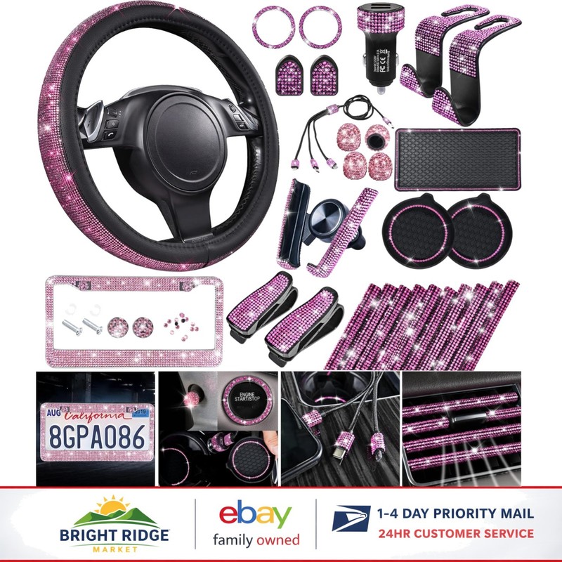 30 PCS Pink Bling Car Accessories Set with Steering Wheel Cover & License Frame
