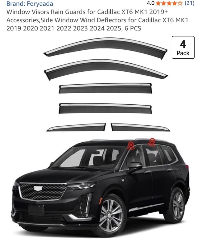 Window Visors Rain Cadillac XT6 MK1 2019 2020 2021 2022 2023 2024 2025, 6 PCS