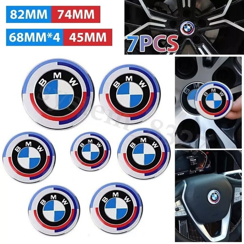 7Pcs B-M-W 50th Anniversary 82mm 74mm 68mm 45mm Wheel Emblem Rim HubCaps Badges