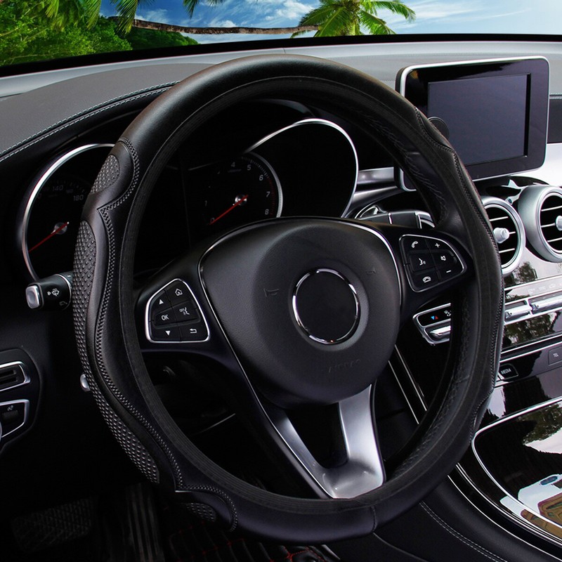 PU Leather Car Steering Wheel Cover Anti-slip Black Universal Fit 14.5-15 inch