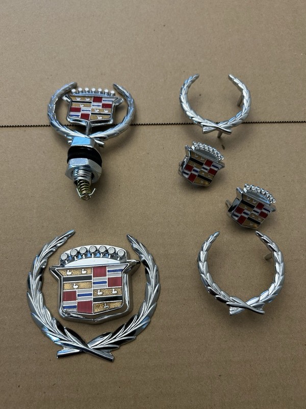 Used 1980- 92 CADILLAC BROUGHAM HOOD ORNAMENT TRUNK EMBLEM CHROME SET