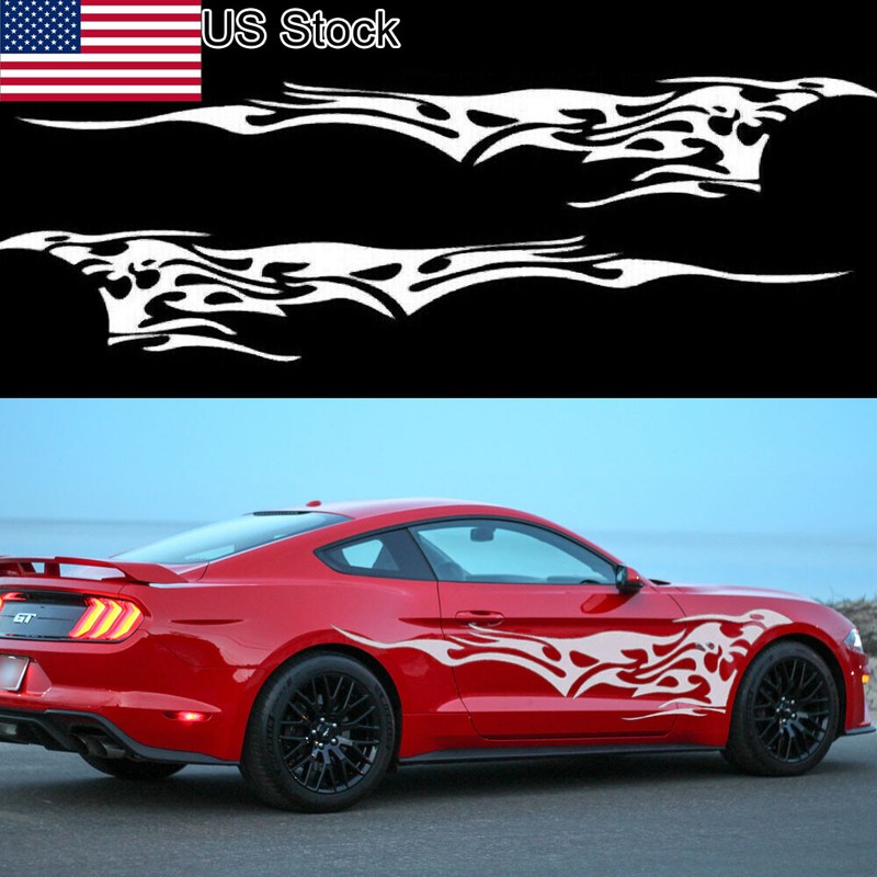 2pcs White Fire Flame Graphics Side Door Fender Vinyl Stickers For Ford Mustang