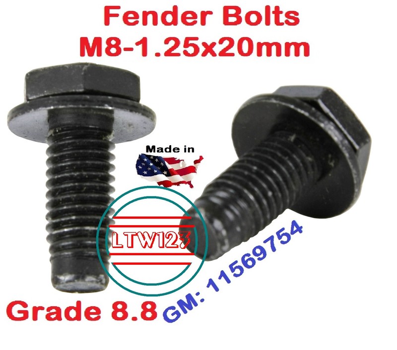 (2Pc) M8-1.25x20mm Fender Bolt with Spin Washer