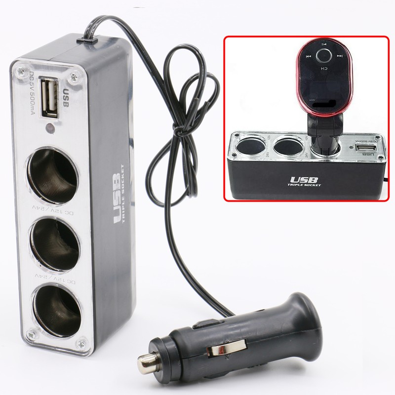 3 Way DC 12V/24V Multi Socket Car Cigarette Lighter Splitter USB Plug Charger