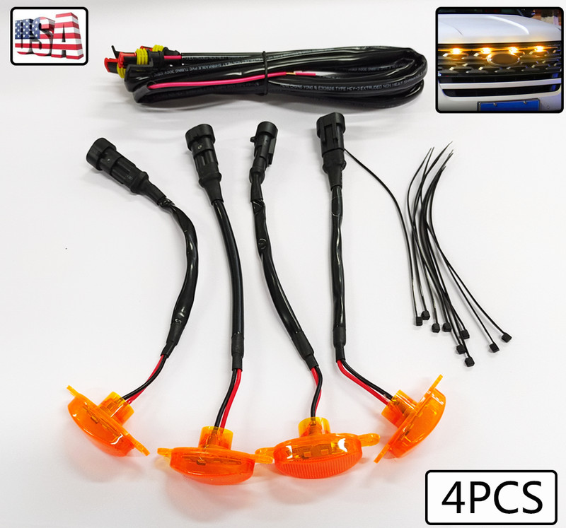 (USA) 4Pcs Car Front Grille LED Amber Lights Raptor Style Light Kit Decor W/Wire