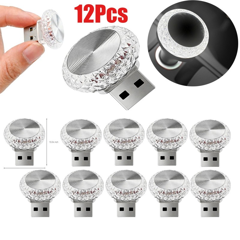 12Pcs USB LED Car Interior Atmosphere Mini Lamp Crystal USB LED Light Cool White