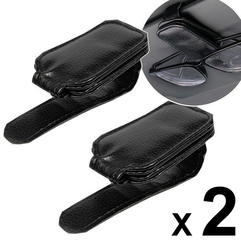 2pc Real Leather Car Sun Visor Glasses Sunglasses Card Storage Holder Clips Case