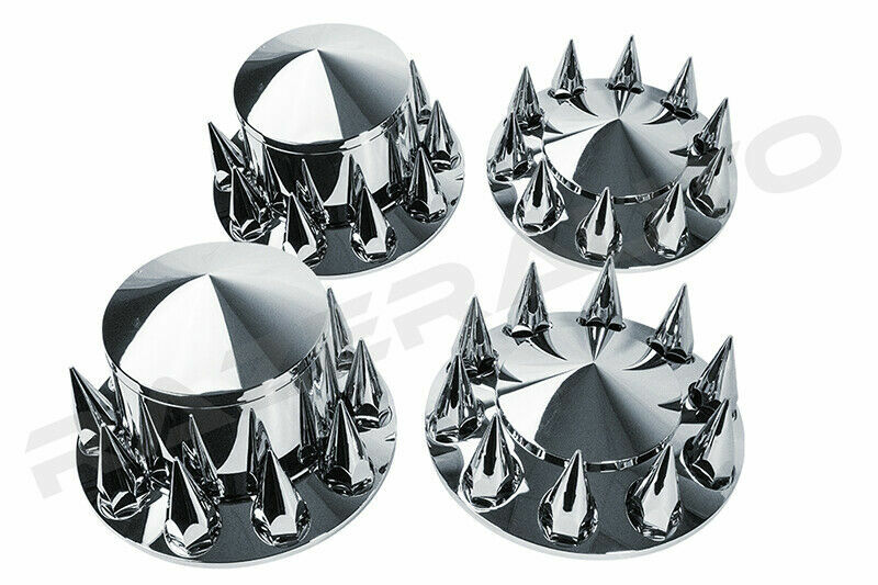 Chrome 22.5″+24″ Front+Rear Wheel Center Hub Cap 10 Lug Spike nut Axle System Ki