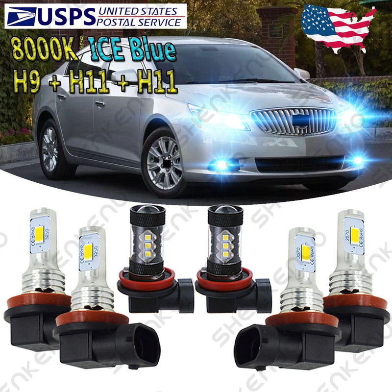 For Buick LaCrosse 2010-2013 8000K LED Headlight Hi/Lo beam + Fog Light Bulb YHL
