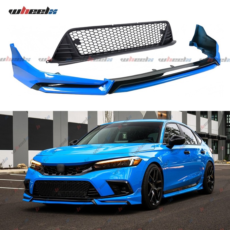 For 22-24 Honda Civic Boost Blue Front Bumper Lip Splitter & Matte Black Grille