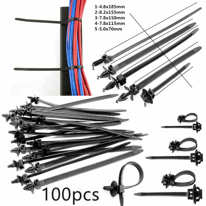 100PCS Mixed Car Line Cable Ties Zip Tie Clip Wiring Loom Harness Fastener USA++