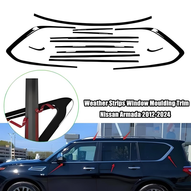 13pcs Window Molding Trim Frame Strips For Nissan Armada 2018- 2024 Gloss Black gallery