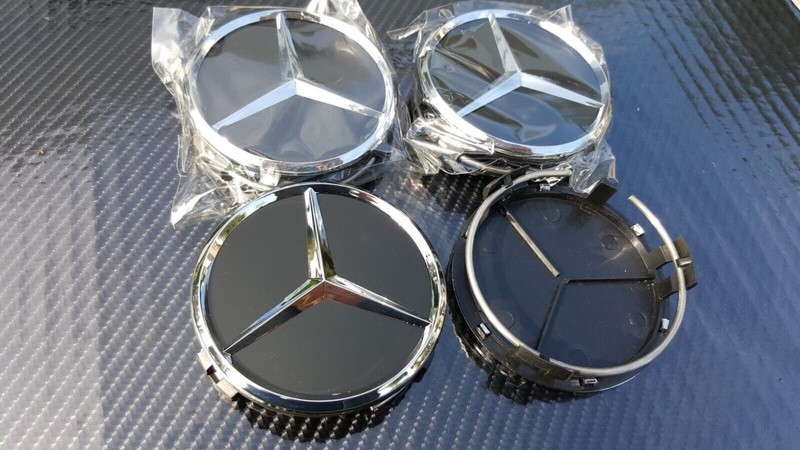 Set of 4 Mercedes Benz Center Caps Black/Chrome 2.95 Inch/75mm Fits Most Models