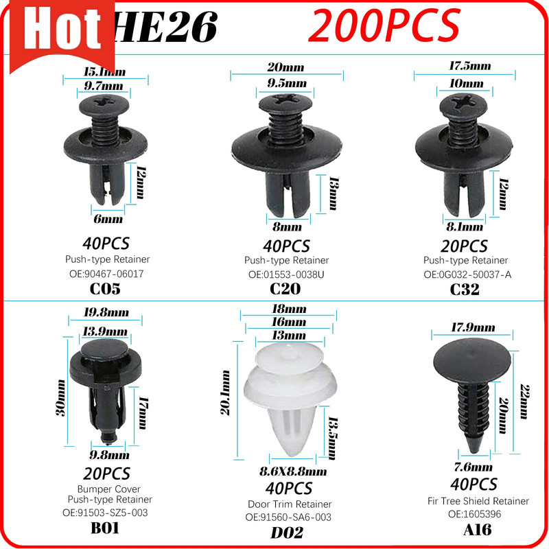 200pcs Auto Car Bumper Retainer Clips Kit Fastener Remover Push Pin Rivet Screw