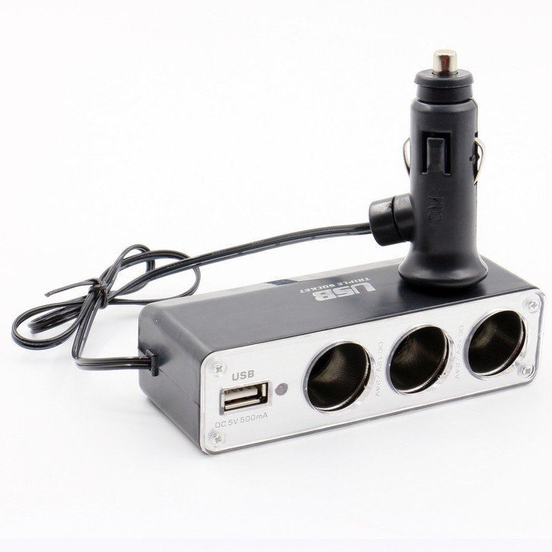 3 Way DC 12V/24V Multi Socket Car Cigarette Lighter Splitter USB Plug Charger gallery