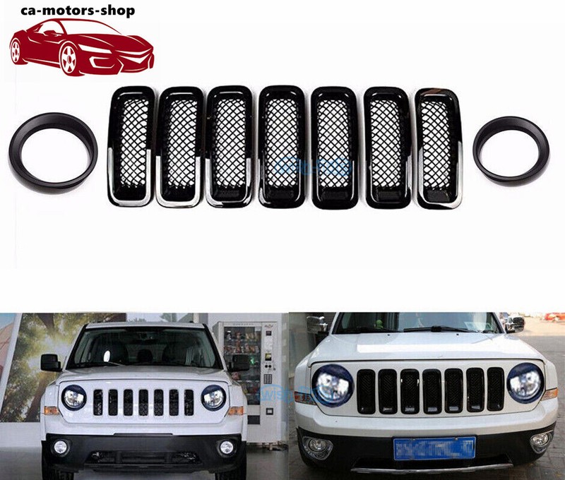 Front Grille Mesh Insert Cover Trim+Angry Bird Headlight Cover for Jeep Patriot