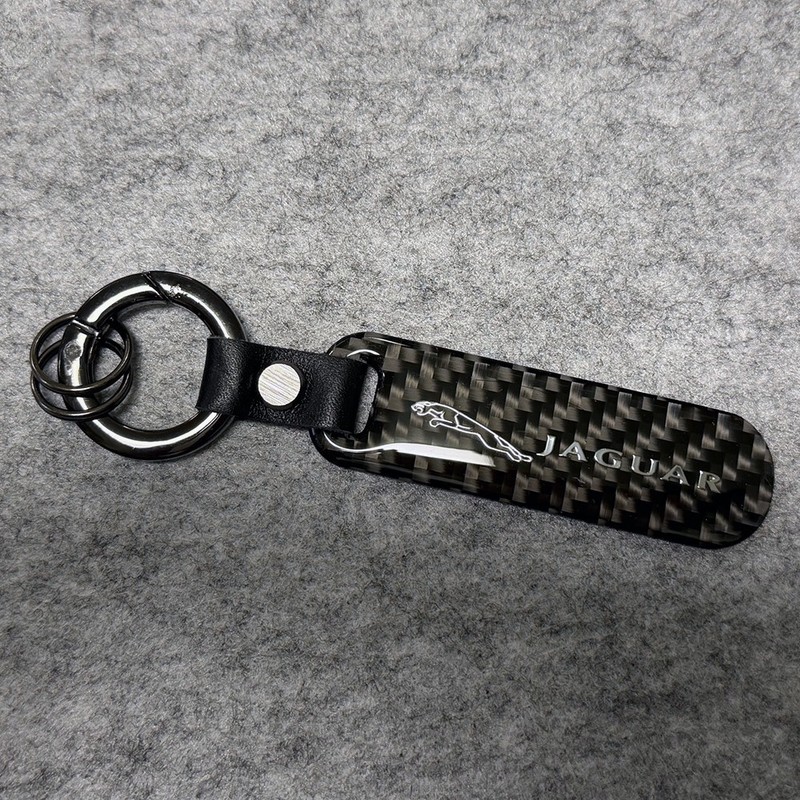 Real Carbon Fiber+ Black Leather Keychain Car Key Fob Key Ring for Jaguar