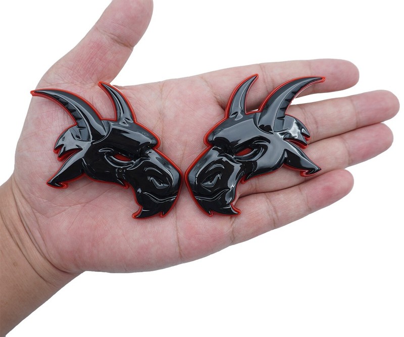 Pair Custom Goat Head Logo Emblems 3D Car Red Eye Badges Gloss Black