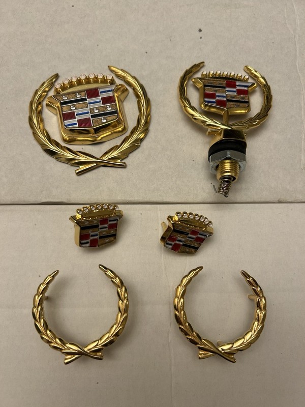 Used 1980- 92 CADILLAC BROUGHAM HOOD ORNAMENT TRUNK EMBLEM GOLD PACKAGE SET