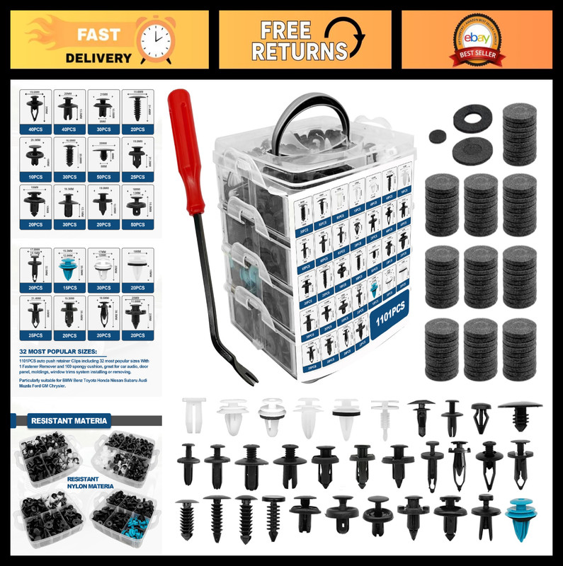 1101PCS Car Door Trim Clips Kit – 32 Sizes Auto Push Pin Rivets & Fastener Remov