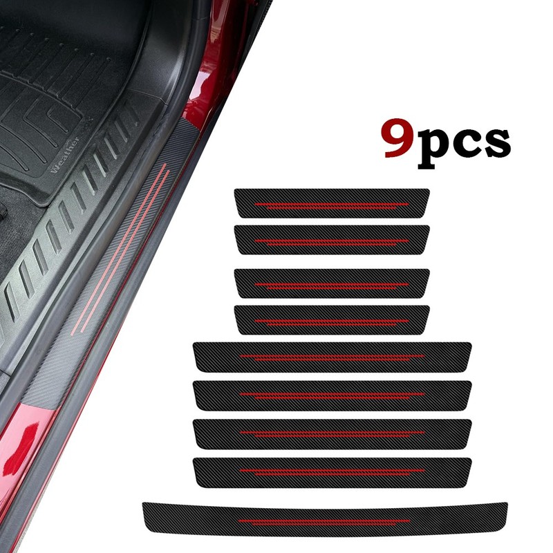 9pcs For Jeep Red Anti-Scratch Door Sill Protector Carbon Fiber Threshold Strips