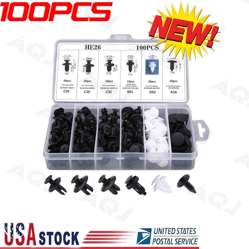 Set of 100 Bumper Fender Clips 6Size Auto Car Plastic Rivets Fastener Push/
