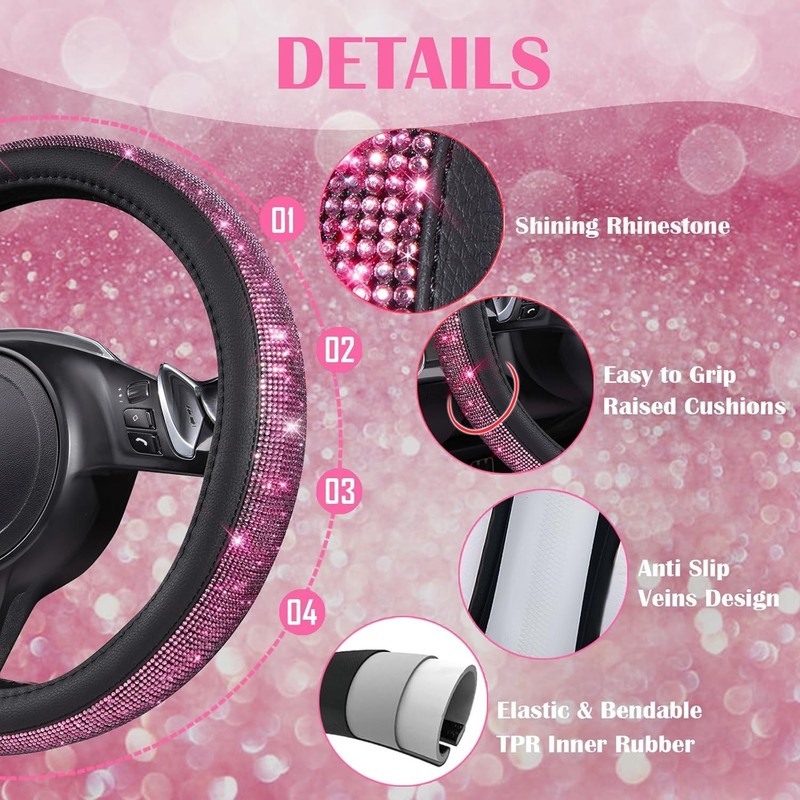 30 PCS Pink Bling Car Accessories Set with Steering Wheel Cover & License Frame gallery