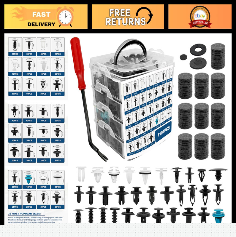 1101PCS Car Door Trim Panel Clips Kit – 32 Sizes Auto Push Pin Rivets & Remover